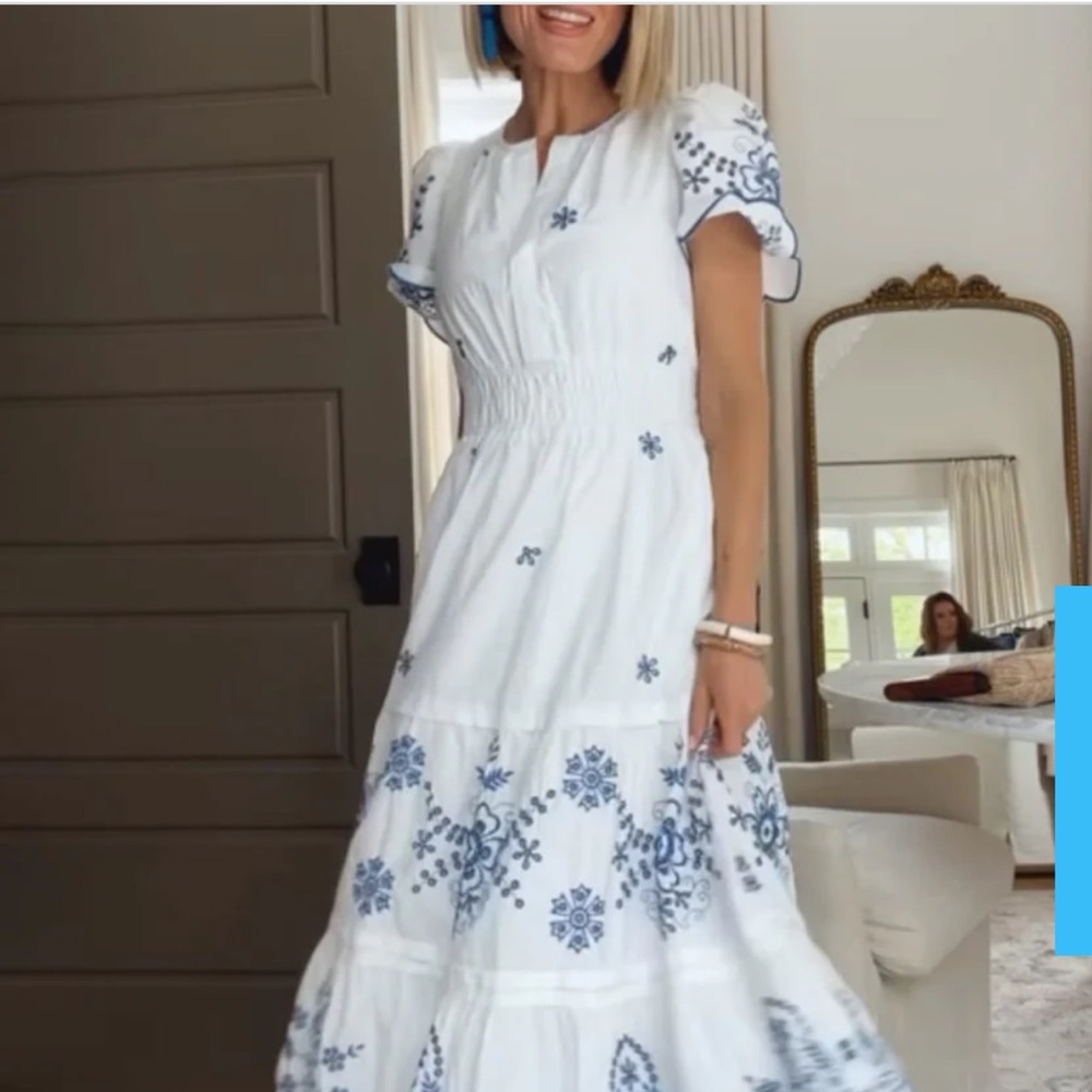 White Maxi Dress with Blue Embroidery